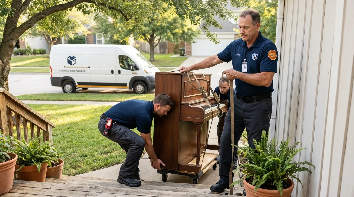 Licensed piano movers securing grand piano in Plano, IL